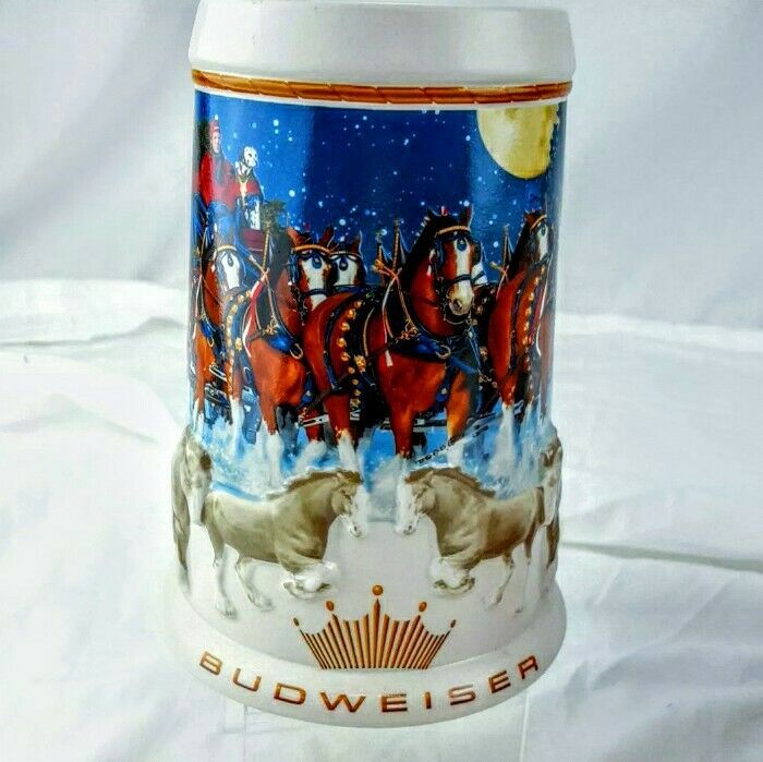 Budweiser Holiday Beer Stein 2005, Clydesdale Horses/Snow, Ceramarte, 3-D, CS628
