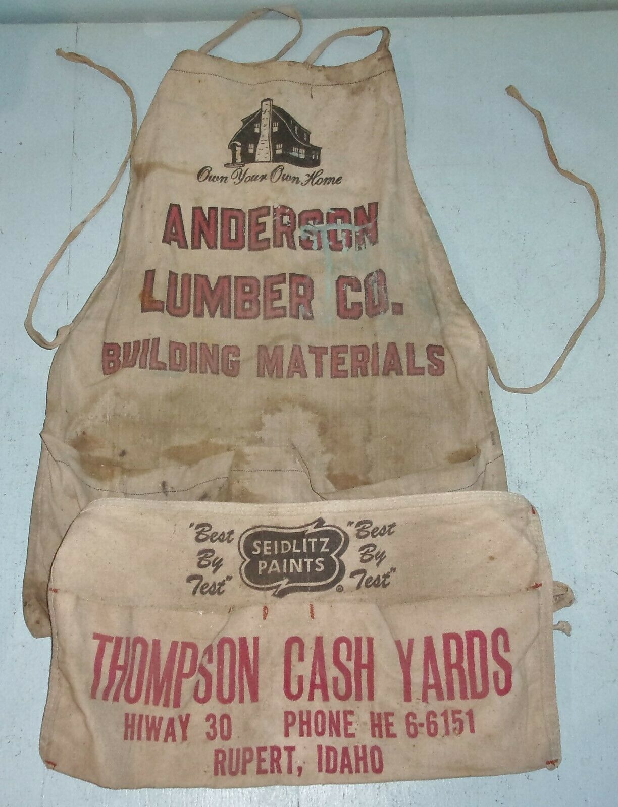 2 Vintage Carpenter Nail Aprons Anderson Lumber Thompson Cash Rupert Idaho
