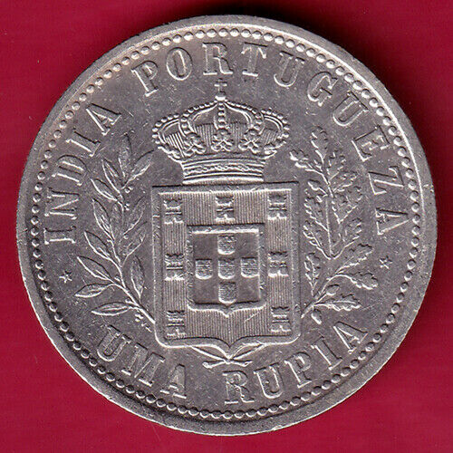 INDIA PORTUGUEZA 1904 CARLOS I UMA RUPIA RARE SILVER COIN #P23