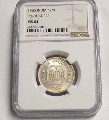 INDIA PORTUGESE 1936 1/2 R HALF RUPIA NGC MS64 MS 64 Certified Portugal Coin